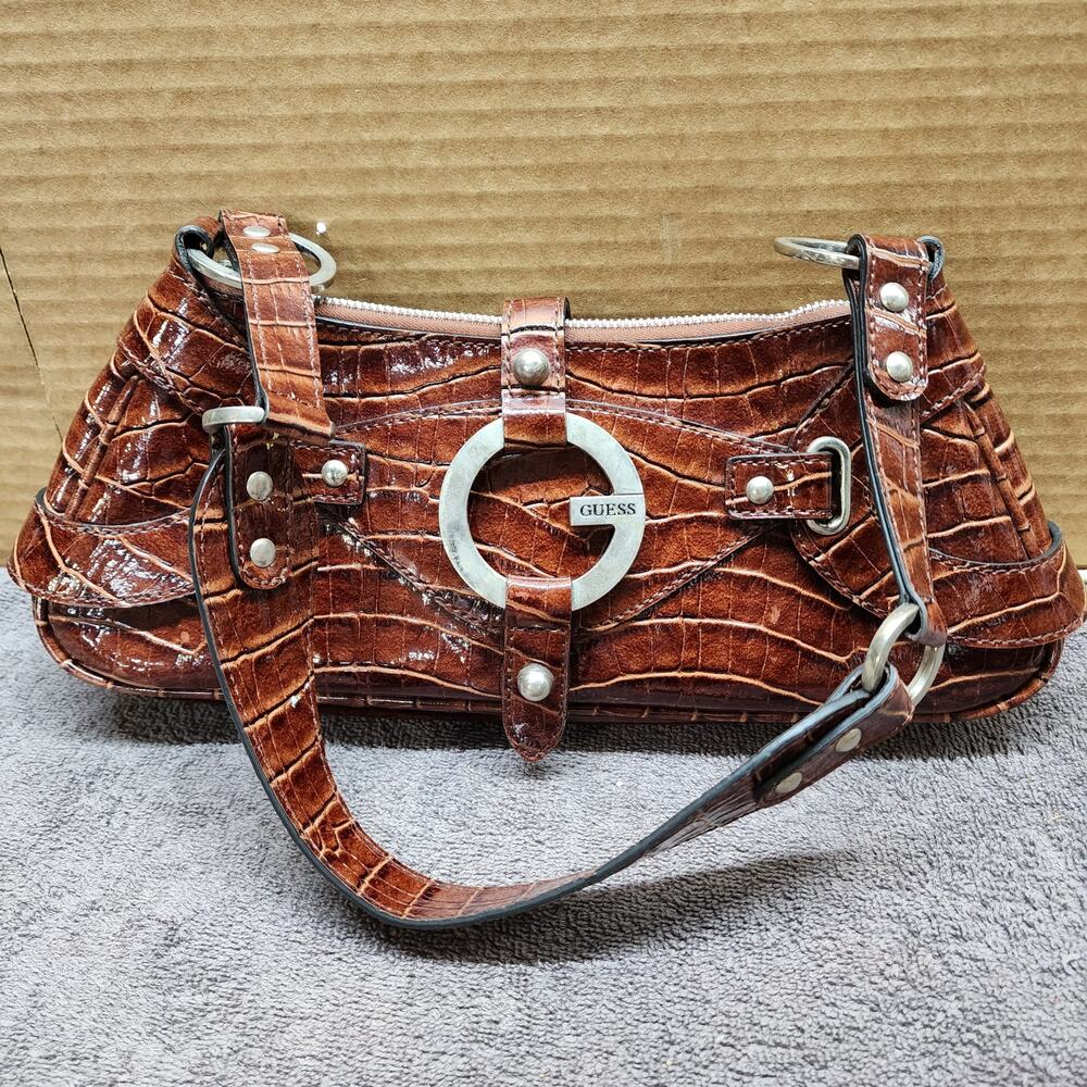 Guess small brown faux crocodile handbag purse b54